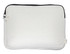 A cream laptop sleeve with a black zipper, featuring a simple design and a branding label.