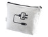 A white toiletry bag with a black logo design featuring electronic cables, zippered closure.