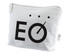 A white toiletry pouch featuring a simple black logo design. It has a zip closure and is made of durable fabric.