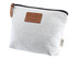 A cream toiletry pouch with a leather tag, featuring a logo, and a zip closure.
