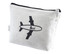A white toiletry pouch with a zip closure and black logo design. Ideal for travel organisation.