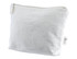 A white fabric travel pouch with a zip closure and a small logo tag. Compact size for toiletries or accessories.