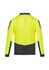 A hi-vis long sleeve polo in bright yellow with black detailing and a logo on the back.