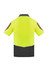 A high-visibility short sleeve polo in bright yellow with black detailing and a logo.