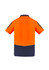 A short sleeve polo in orange and navy, featuring a logo on the front and sleek back design.