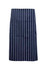 A striped apron in navy blue with white vertical stripes, featuring a branding logo.