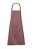A full bib apron in brown and white stripes, featuring a neck strap and adjustable elements. It includes a logo.