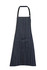 A striped full bib apron in black and white with an adjustable neck strap and a logo.