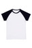 A white raglan T-shirt with black sleeves, featuring a simple design and soft fabric.