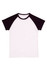 A babies' raglan T-shirt with a white body and black sleeves. The shirt features a logo on the label.