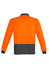 A bright orange long sleeve polo shirt with a black lower section and cuffs, featuring a logo on the front.