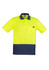 A short sleeve polo shirt in high visibility yellow with a navy blue bottom and one chest pocket. It features a logo.