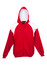 A red and white zip-up hoodie with a contrasting design, featuring a hood and front pockets. It has a logo.