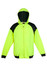 A bright yellow hoodie with black contrasting shoulders and a zipper, featuring a hood.