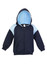 A navy blue hoodie with a light blue contrast panel, featuring a zip front and a hood. It includes a logo.