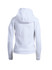 A white women's/juniors' hoodie with a spacious hood and long sleeves, featuring a simple and clean design.