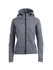 A grey women's/juniors' hoodie with a zip front and a hood, featuring a logo on the chest.