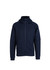 A navy blue hoodie with a zip front, high collar, and side pockets, featuring a logo.