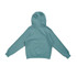 A women's junior cotton hoodie in teal, featuring a kangaroo pocket and a hood, shown from the back.
