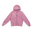 A pink zip-up hoodie featuring a kangaroo pocket and a hood, with branding on the garment.