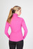 A women’s half zip mock neck shirt in vibrant pink, featuring a fitted design and a high collar.