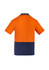 A short sleeve polo shirt featuring a bright orange upper half and navy blue lower half, with a simple logo.