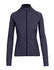 A navy blue women's jacket featuring a zip front, long sleeves, and side pockets. It has a logo on the design.