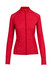 A red, long-sleeved women's jacket with a zip front, featuring a logo on the front.
