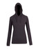 A dark grey women's fusion T-shirt hoodie with a hood and long sleeves, featuring a logo.