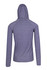 A grey half-hood top featuring long sleeves and a hood, with a branding logo on the back.