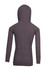 A grey kids' hoodie featuring long sleeves and a hood, viewed from the back. 