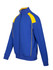 A blue track jacket with yellow contrast detailing and a zip front. It features a logo on the chest.