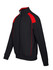 A black track jacket with red contrast detailing and a zip front, featuring a logo on the chest.