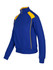 A blue jacket with yellow contrast detailing, featuring a zip front and a snug fit. It has a logo on it.