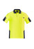 A bright yellow short sleeve polo shirt with navy accents and a chest pocket, featuring a logo.