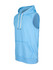 A light blue sleeveless hoodie with a front pocket and a hood, featuring a logo on the front.