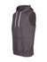 A grey sleeveless hoodie with a front pocket and a hood, featuring a white drawstring and a logo.