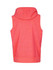 A men's sleeveless zip hoodie in a vibrant coral colour, featuring a hood and a plain back design.