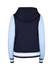 A women's varsity jacket featuring a navy back with light blue sleeves and a hood. It includes a ribbed hem.