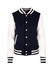 A navy and white women's varsity jacket featuring a button front and striped ribbed cuffs. It has a logo on the chest.