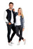 A men's and women's varsity jacket in black, grey, and white with striped cuffs and a logo.