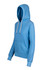 A light blue hoodie with a front pocket, drawstring hood, and branding on the label.