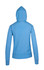A blue hoodie with a hood and long sleeves, featuring a fitted silhouette and a logo.