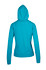 A turquoise hoodie with a hood and long sleeves, featuring a fitted design and a logo.