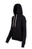 A black hoodie with a front pocket and drawstrings, featuring a branding logo on the hood.