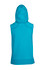A sleeveless hoodie in heather blue, featuring a lined hood and a logo on the back.