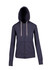 A women's junior heather zip hoodie in navy blue with a hood and front pockets. It features a logo.