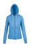 A blue zip hoodie with a hood, featuring a front pocket and a logo.