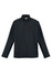 A black men's soft shell jacket with a zip front and two side pockets, featuring a collar and a logo.