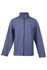 A grey soft shell jacket with a zip front and two side pockets, featuring a collar and a logo.